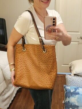 Tan Perforated Ostrich-Embossed Large Tote Bag